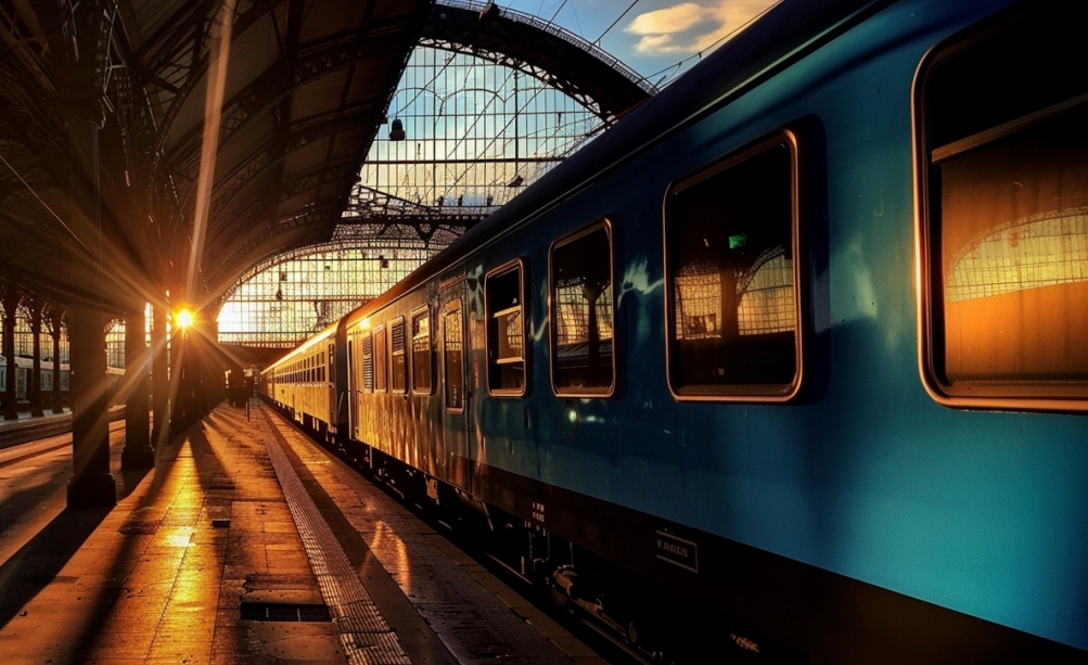 A blue train in the railway station in the sunset