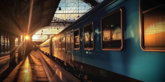 A blue train in the railway station in the sunset