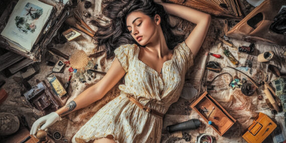 A woman is lying on the floor, many hobby things around her.