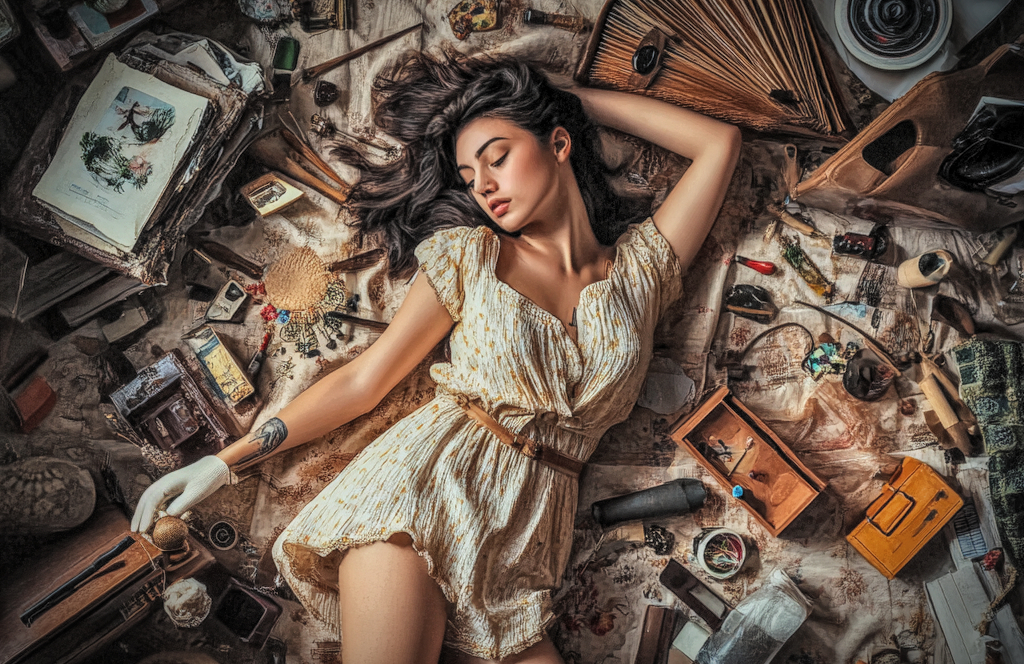 A woman is lying on the floor, surrounded by hobby stuff.
